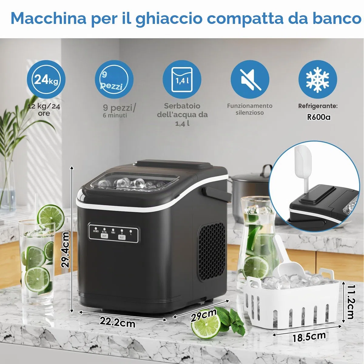 Macchina Ghiaccio, 12 kg/24h, 9 Cubetti di Ghiaccio in 6 Minuti, 2 Dimensioni di Ghiaccio, Silenzioso, Macchina del Ghiaccio Casa Autopulente con Maniglia/Cestello/Paletta, per Cucina/Ufficio/Bar