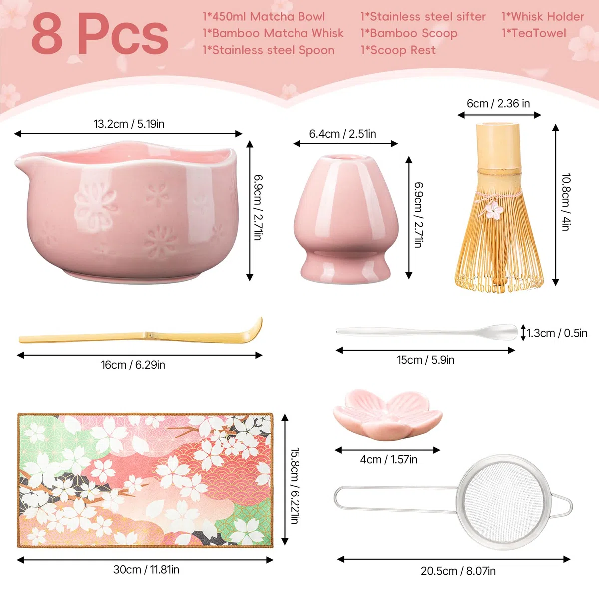 TIZU Set da tè Matcha, 8 pezzi, set con frusta, ciotola con beccuccio, paletta, cucchiaio, setaccio, porta frusta, regalo tradizionale giapponese per gli amanti del tè matcha (rosa)