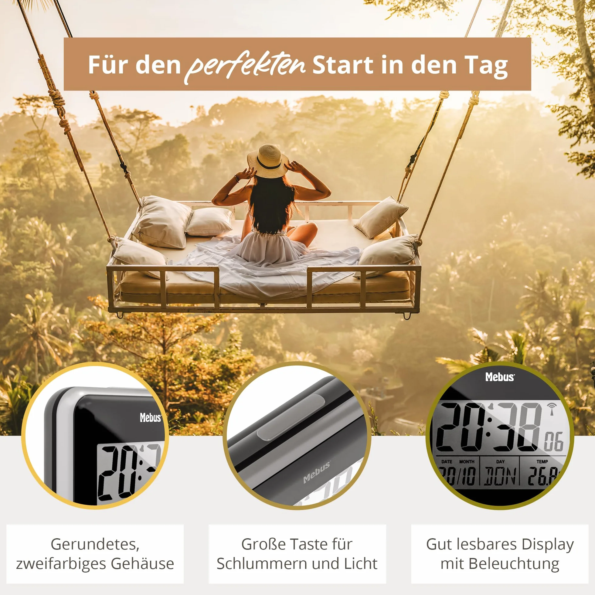 MEBUS digitaler Funkwecker mit Projektion der Uhrzeit an Decke Wand, INKL. Netzstecker, Batteriebetrieb Möglich, Dauerprojektion, schwenkbar, Thermometer/Farbe: Schwarz/Modell: 42425