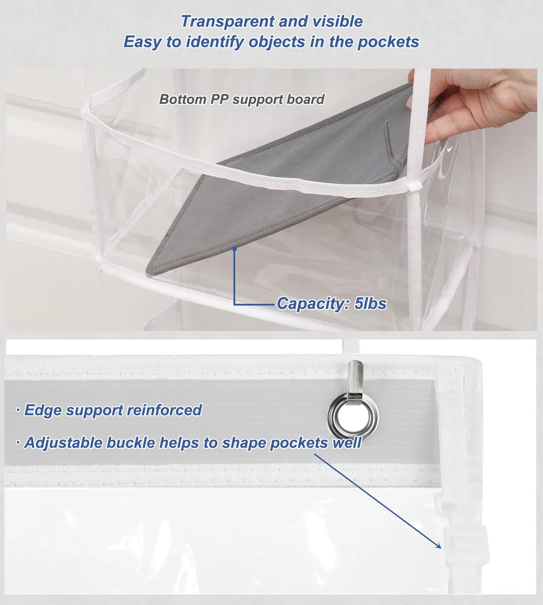 Fixwal Organizer da appendere alla porta con 5 ripiani, organizer per stanza con tasche in plastica trasparente, 11,3 kg, ultra robusto e di grande capacità, per armadio, camera da letto, asilo, bagno