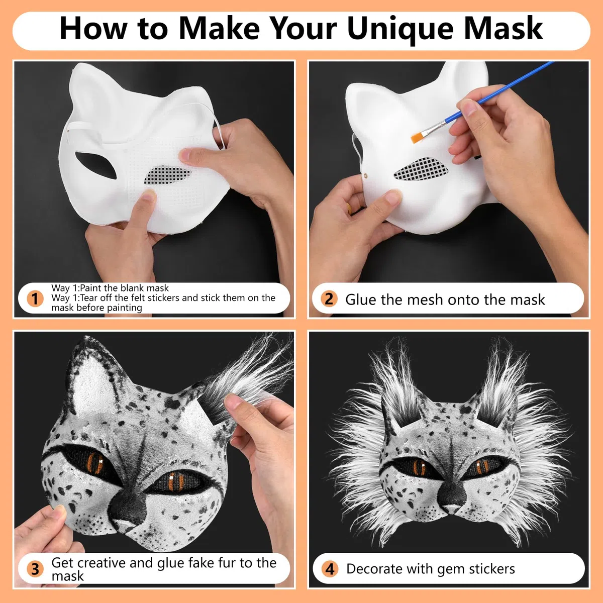 Dreamtop Therian Maschera Gatto Kit con Therian Maschere, Finta Pelliccia e Rete per Gli Occhi e Foglio di Feltro Autoadesivo, Pennelli e Colori per DIY Cosplay Feste Maschera Carnevale Halloween
