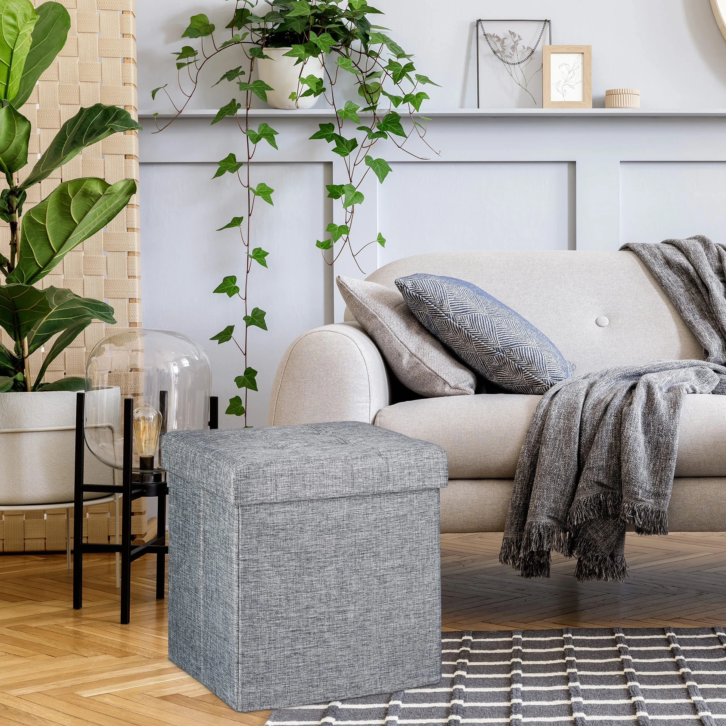 Relaxdays Pouf Pieghevole Con Contenitore, Sgabello a Forma di Cubo, Lino, Coperchio Rimovibile, 38x38x38 cm, Bianco