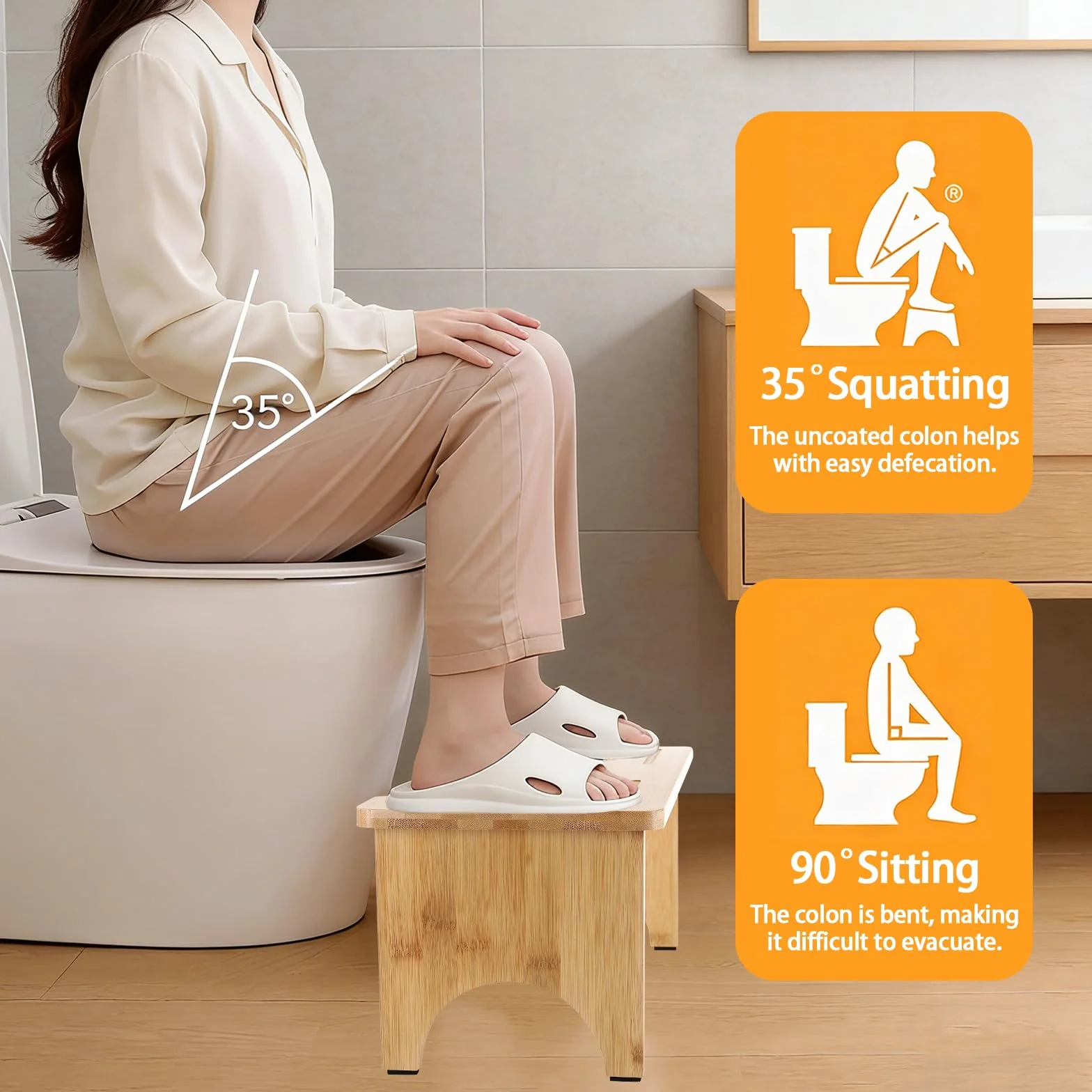 Sgabello WC Pieghevole Legno, Sgabello WC Adulti, Sgabello Pieghevole Bagno per WC, per Adulti e Bambini, Ergonomico per Promuovere la Digestione, Sgabello Salvaspazio per WC e Bagno