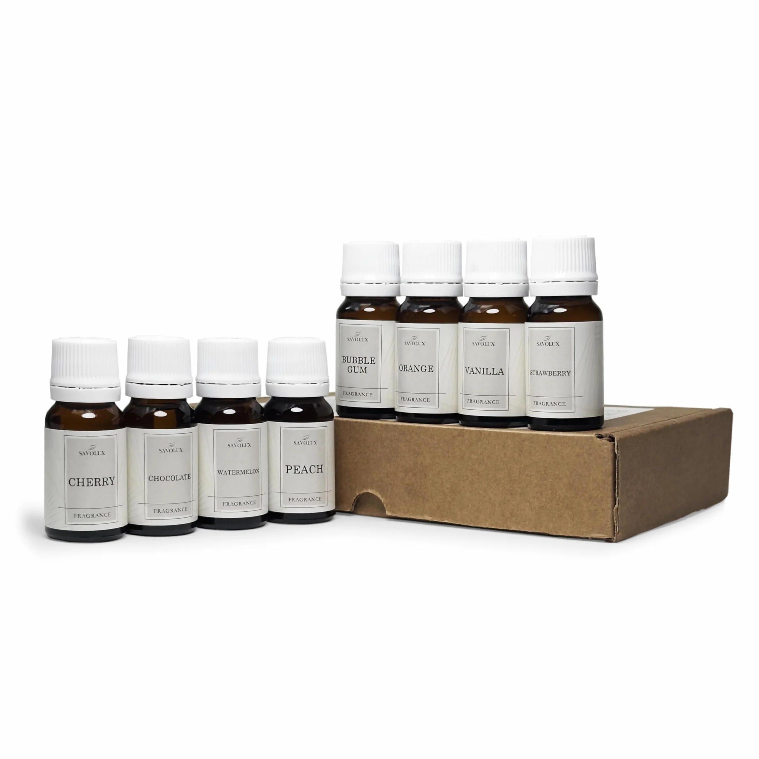 Fragranze SAVOLUX; Set di 8 fragranze: Set di 8 fragranze da 10 ml; Aromi di Fragola, Pesca, Arancia, Anguria, Vaniglia, Gomma da masticare, Ciliegia