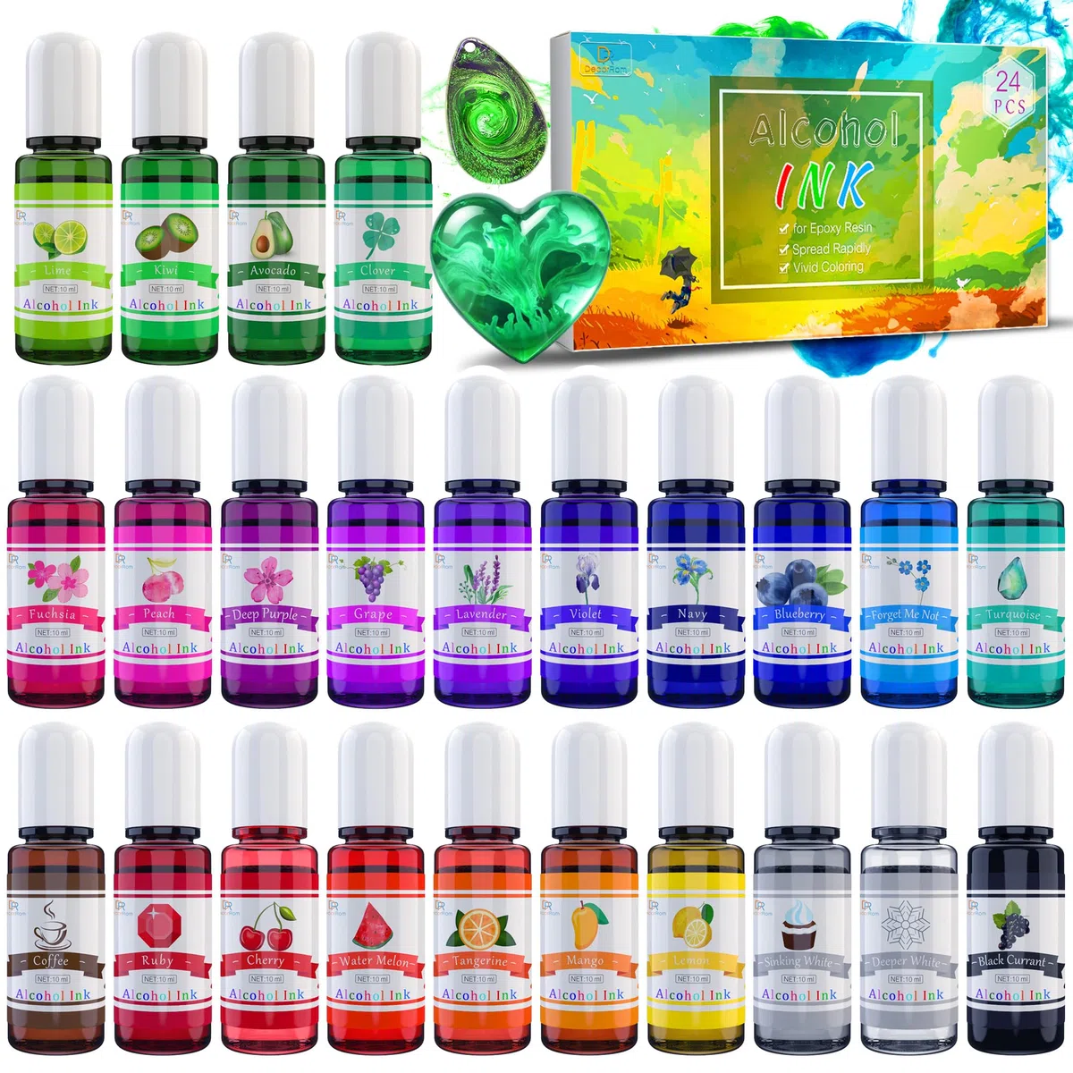 Alcohol Ink Set - 24 Colori Inchiostro Alcool per Pittura Resina Epossidica, Fabbricazione Capsule Petri di Resina - Colorante Alcolico Concentrata per Arte Resina, Bicchieri, Pittura - 24 x 10 ml
