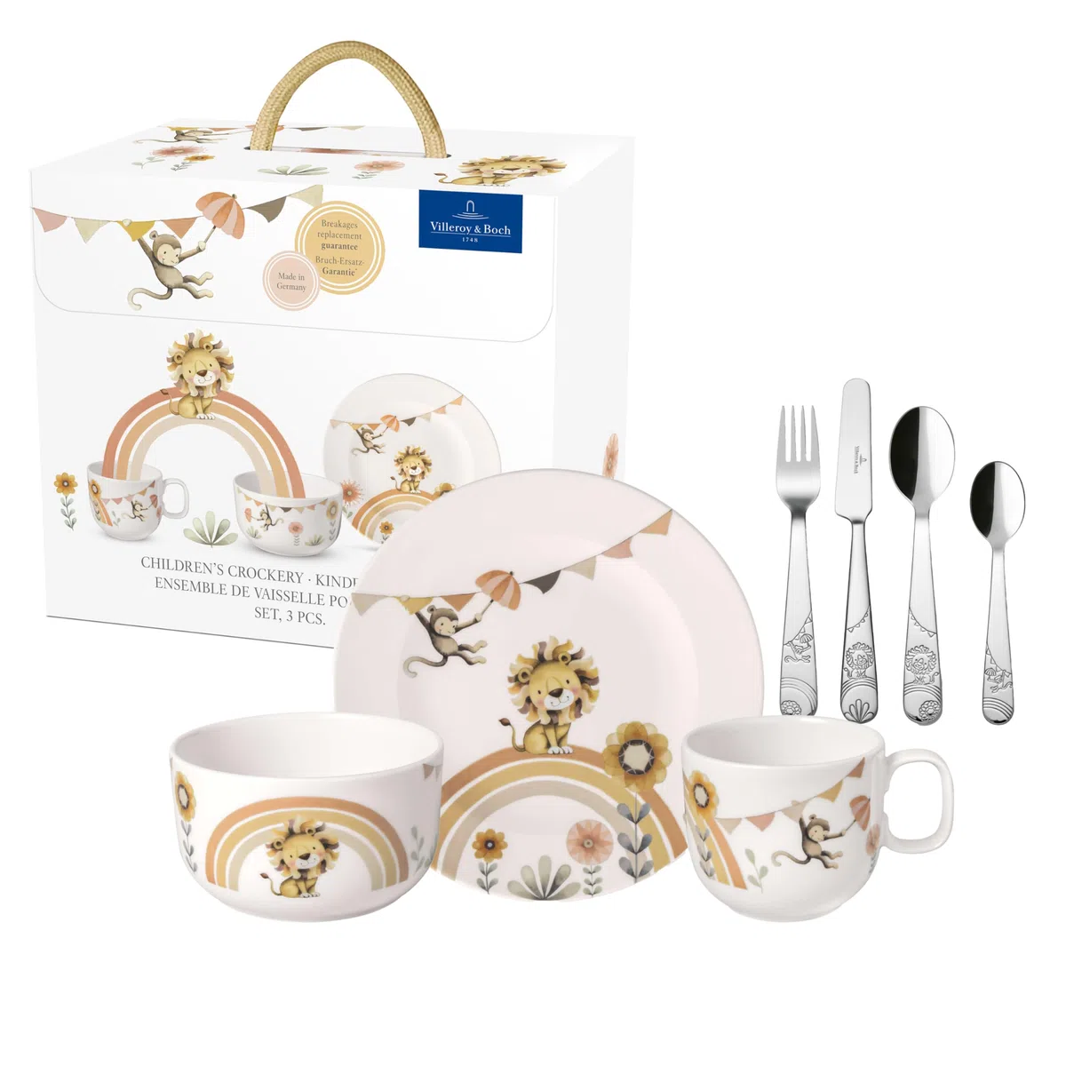 Villeroy & Boch - Roar like a Lion Set di Stoviglie per Bambini 7 Pezzi Beige, Lavabile in Lavastoviglie, Adatto per Microonde, Stoviglie, Piatti, Tazzine, Ciotola, Servizio, Porcellana Premium