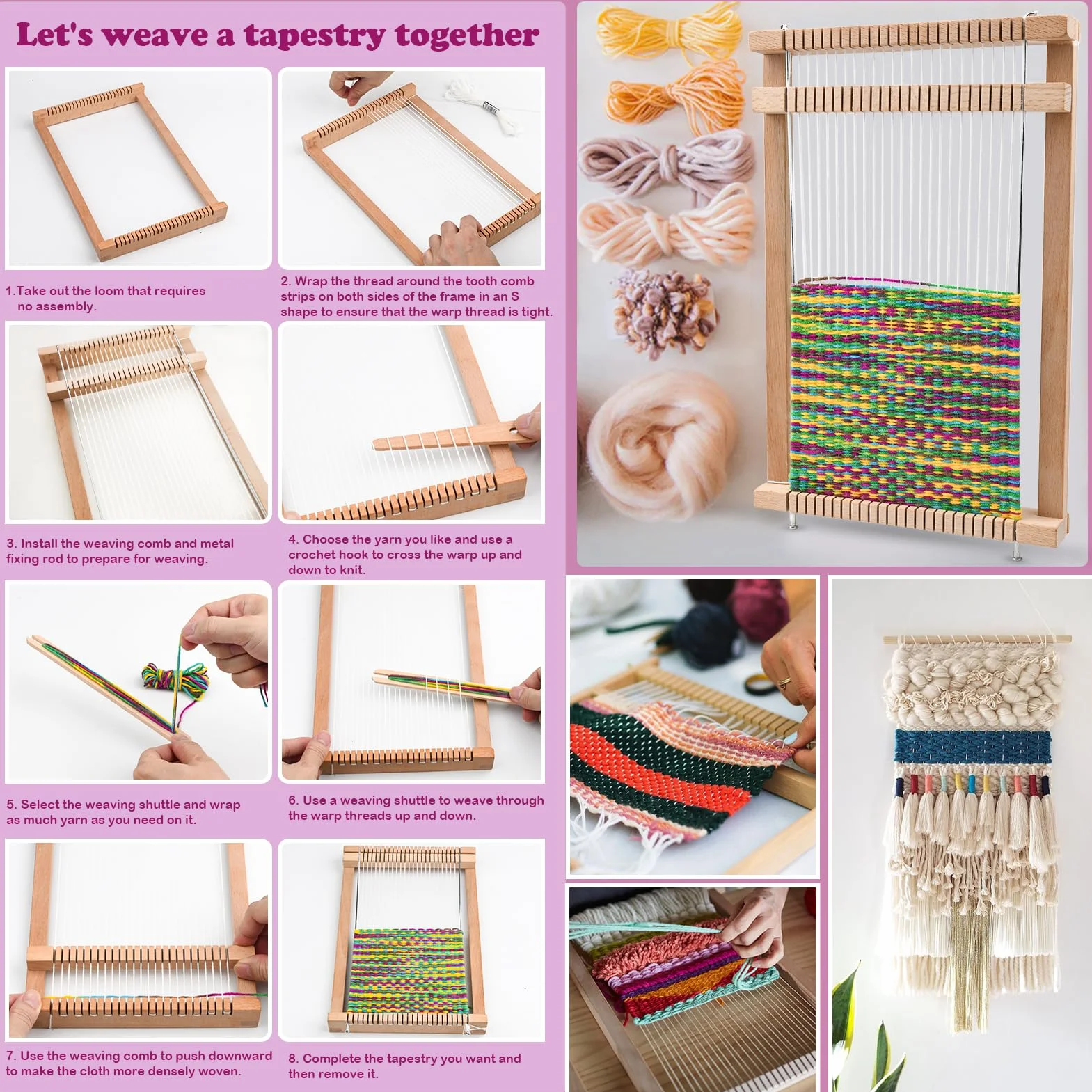 LYKTRIX Telaio Per Bambino,Telaio di Legno per la Tessitura, Fornito di Fili, Pettine, Navetta e Lana Filata per Principianti e Bambini - Dimensioni 29 x 19 cm