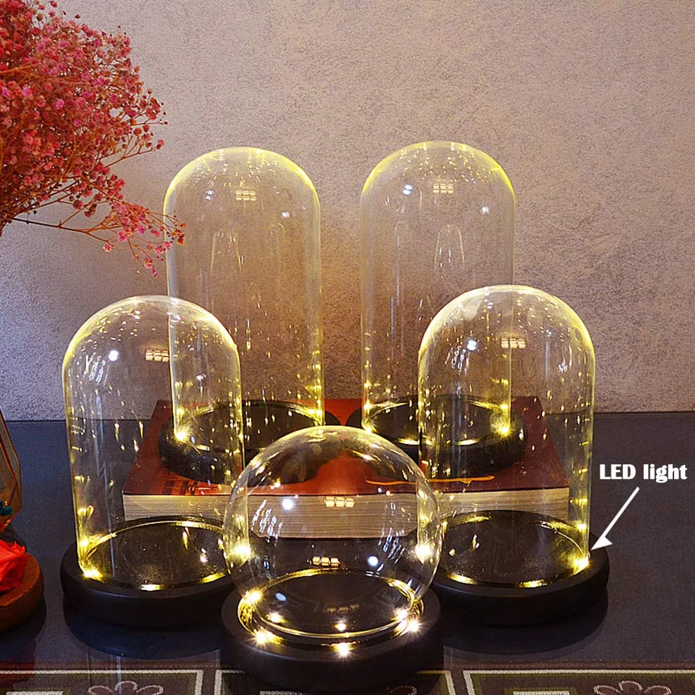 Campana di Vetro con Base in Nero, Cloche a Cupola in Vetro Trasparente con Luce, Espositore a forma di campana, in vetro, con decorazione a cupola, 3.5" D X 4.7" H
