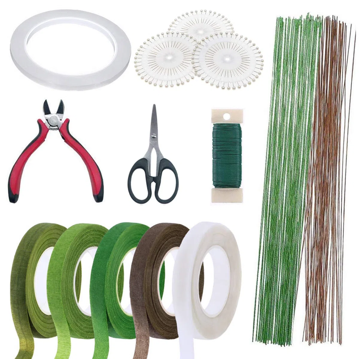 Woohome 12 Pz Stelo Filo Floreale Fiori Fioristi, 2 Stili Nastro, 2 Stili Filo Floreale, Taglierina per Filo, Forbici e Perni di Testa for Corsages, Bouquets, Flowers, Arrangements And Crafts