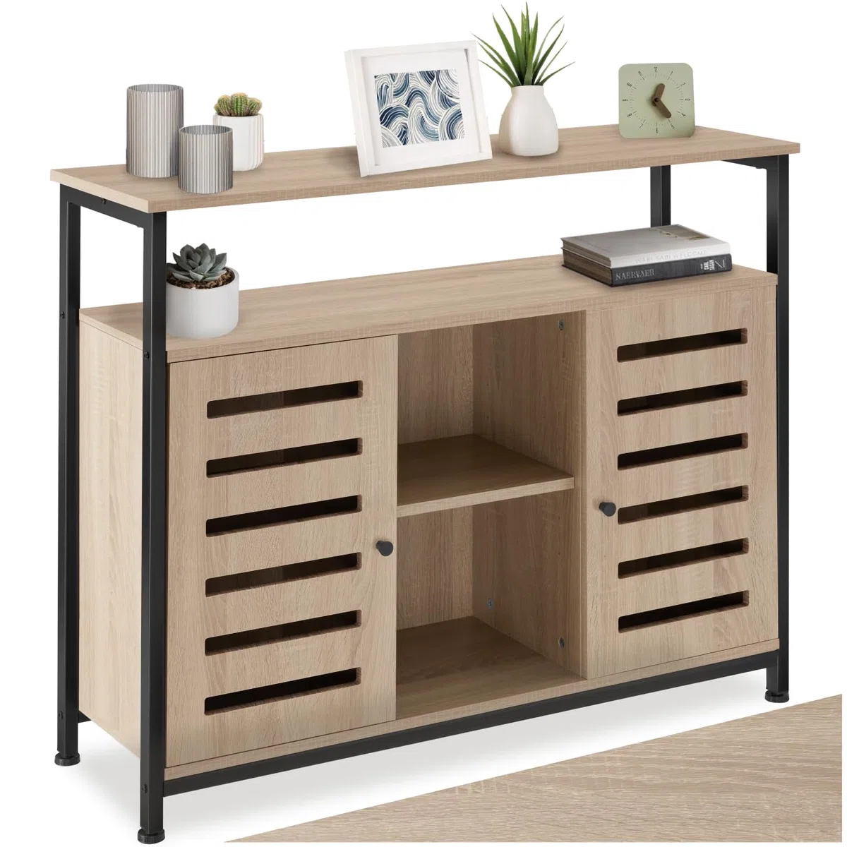 tectake® Credenza Cucina 100x37x82cm, Mobile Cucina, Dispensa Salvaspazio Armadio 2 ante, 2 Ripiani, Mensole Regolabili per Piatti e Pentole, Soggiorno, Sala da pranzo - Legno Industriale Chiaro