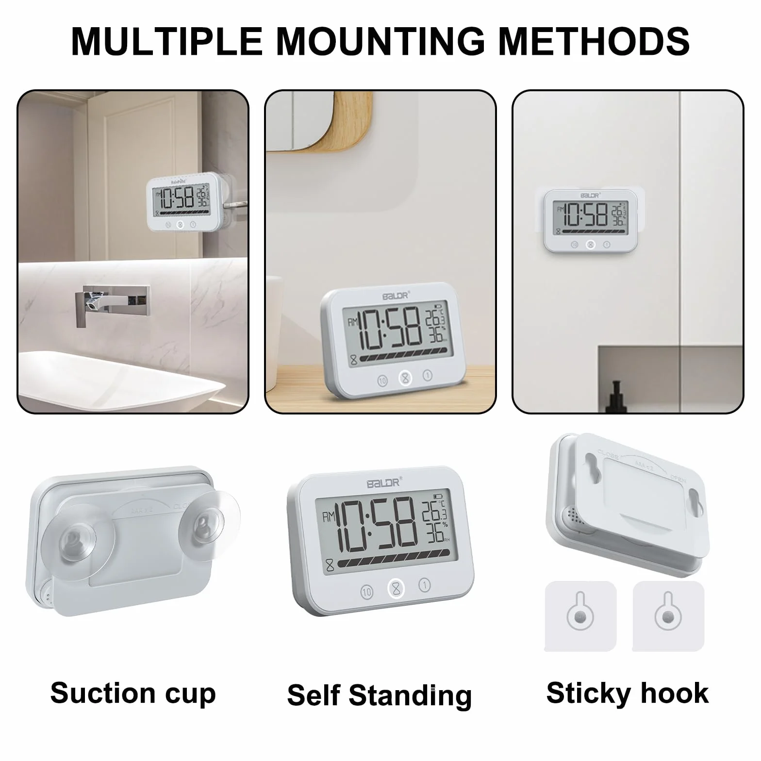 Orologio da Bagno Digitale, Orologio da Doccia Impermeabile IP54 con Temperatura e Umidità, Conto alla Rovescia da 99 Minuti con Allarme, Ampio Timer LCD con 2 Ganci Adesivi e 2 Ventose