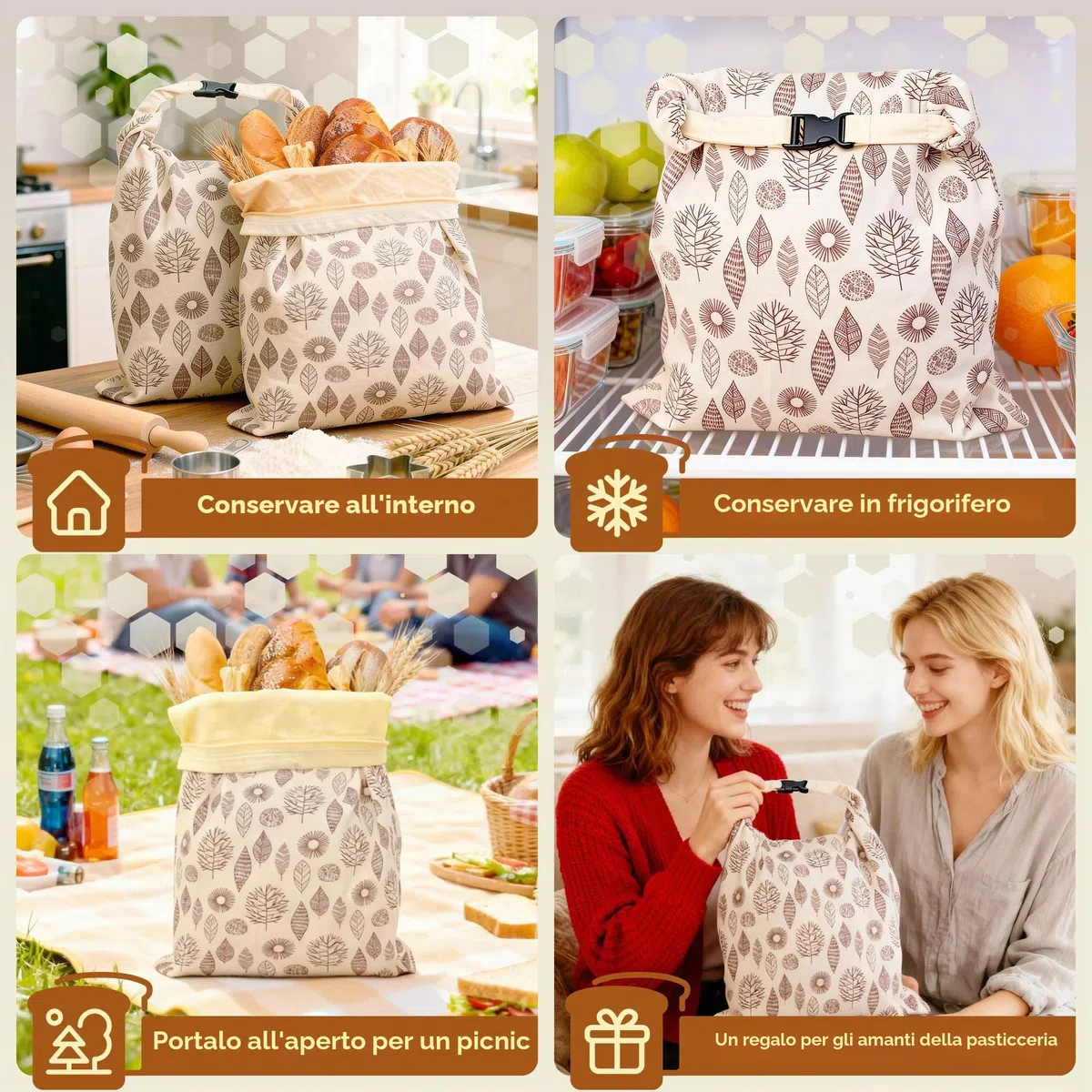 OHIYO Sacchetti riutilizzabili in cera d'api per congelatore e frigorifero, sacchetti di cotone rivestiti in cera d'api naturale per conservare gli alimenti freschi e fragranti (confezione da 2)