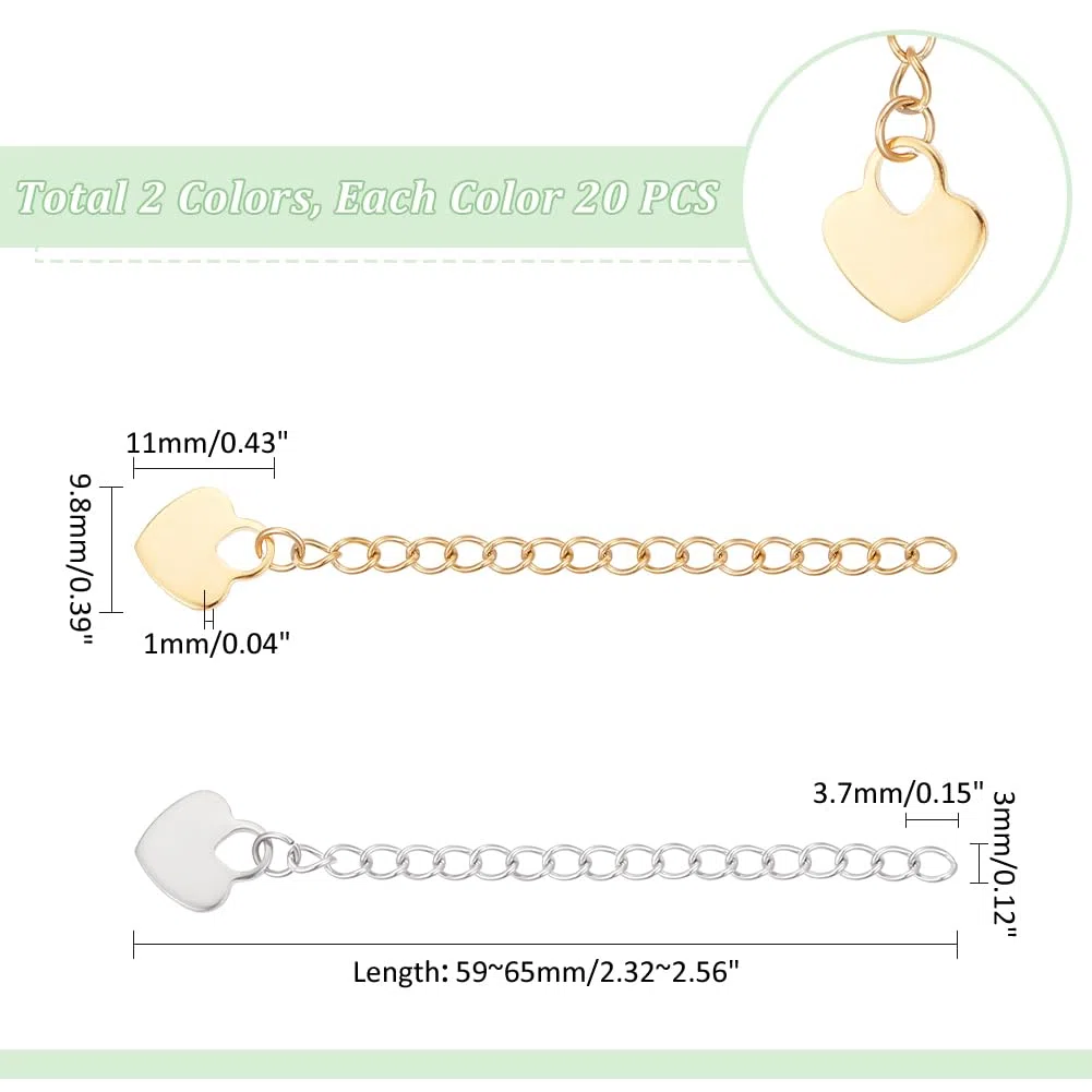 UNICRAFTALE 40pz 2colori 304 catenelle di Estensione per Catena Barbazzale In Acciaio Inossidabile con Ciondoli A Forma di Cuore Linguette per Catene Collane di Estensione Cavigliere Estensori 59~65mm