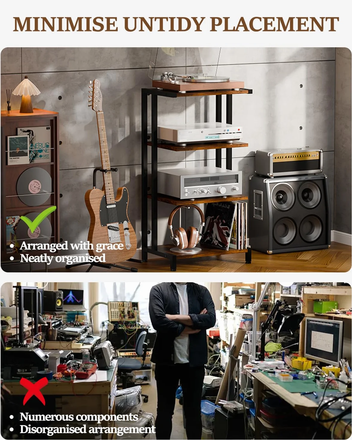 Rack HiFi a 4 livelli in legno e ferro per giradischi, impianto audio, impianto stereo, adatto per soggiorno e studio 28D x 42W x 81H cm, nero/marrone