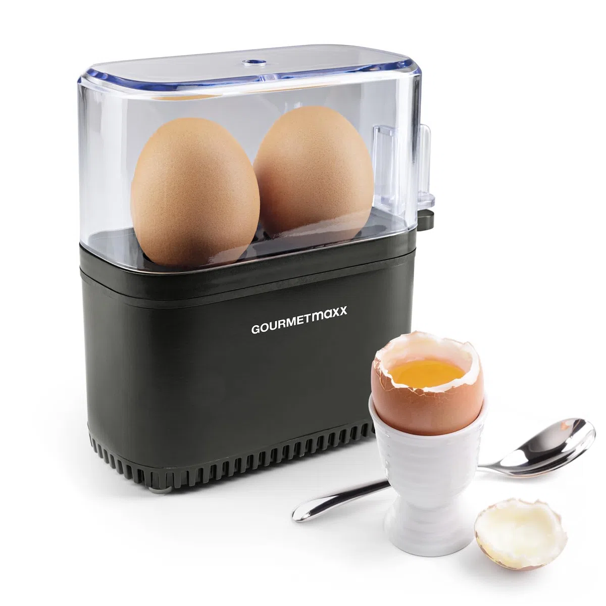 GOURMETmaxx Cuociuova di design per 2 uova | scaldauova compatto | cuociuova con foratore, misurino e segnale acustico | 3 gradi di durezza | pulizia facile e parti lavabili in lavastoviglie