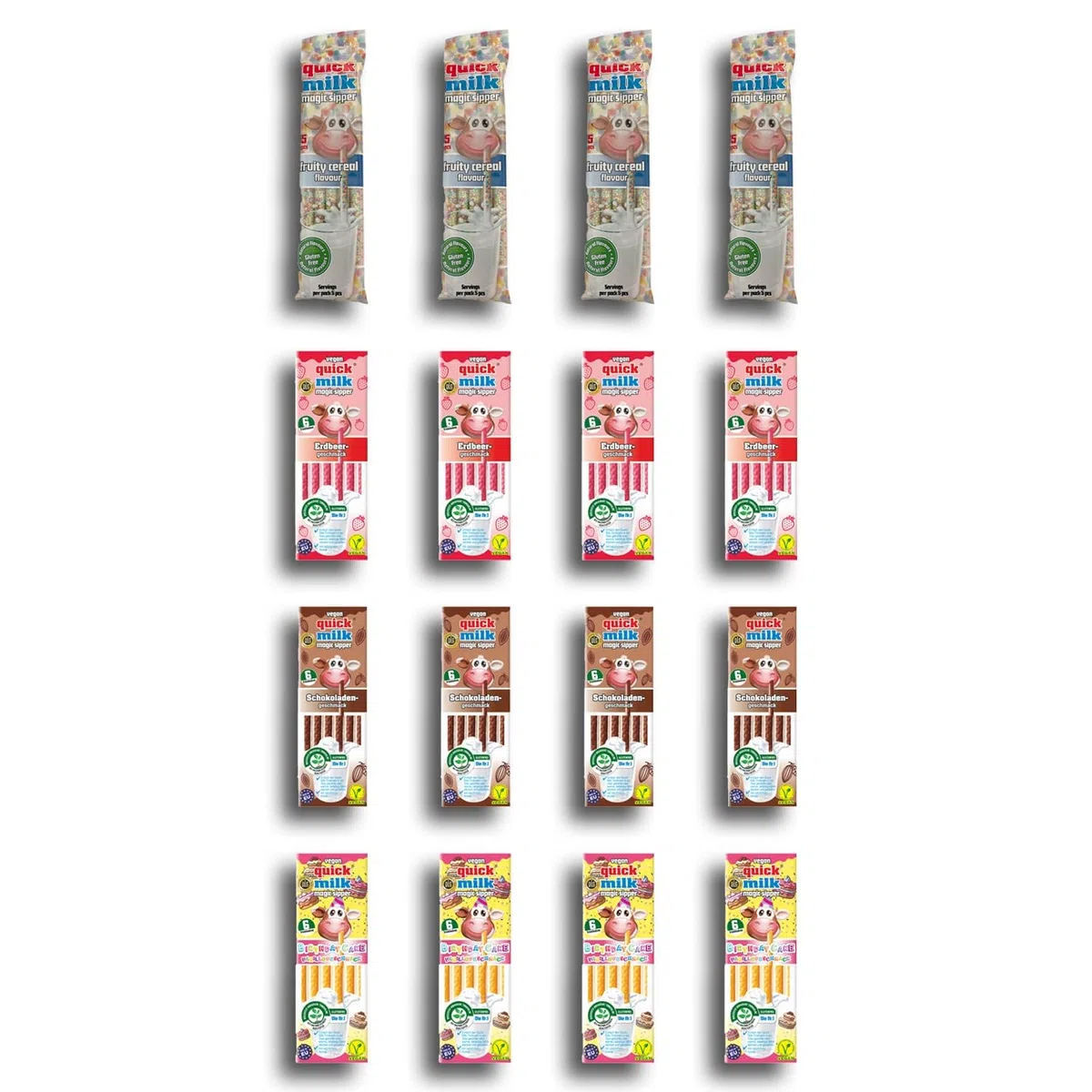 16 confezioni di cannucce Quick Milk da 5 cannucce, fragola, cioccolato, vaniglia e sapore di frutta con protezione per il trasporto
