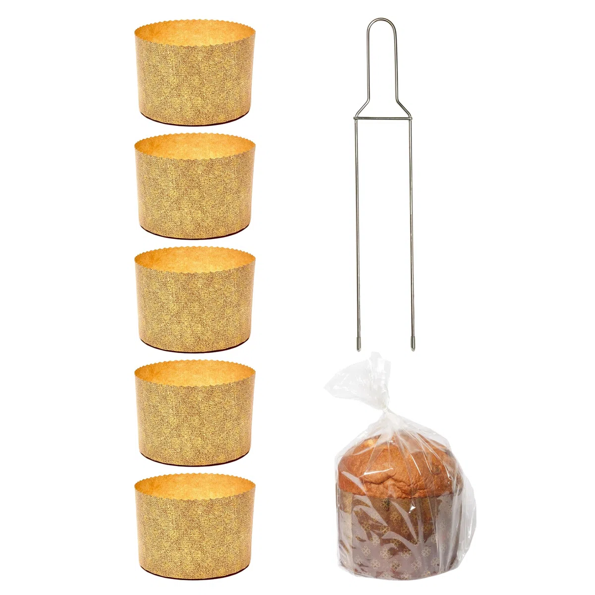 FAH - Kit Stampo Panettone Alto 1 Kg + Spillone Panettone + 5 Sacchetti Panettone con Chiusure, Pirottini Panettone 1 Kg Professionale di Carta Naturale di Pura Cellulosa Resistente al Calore 200°C