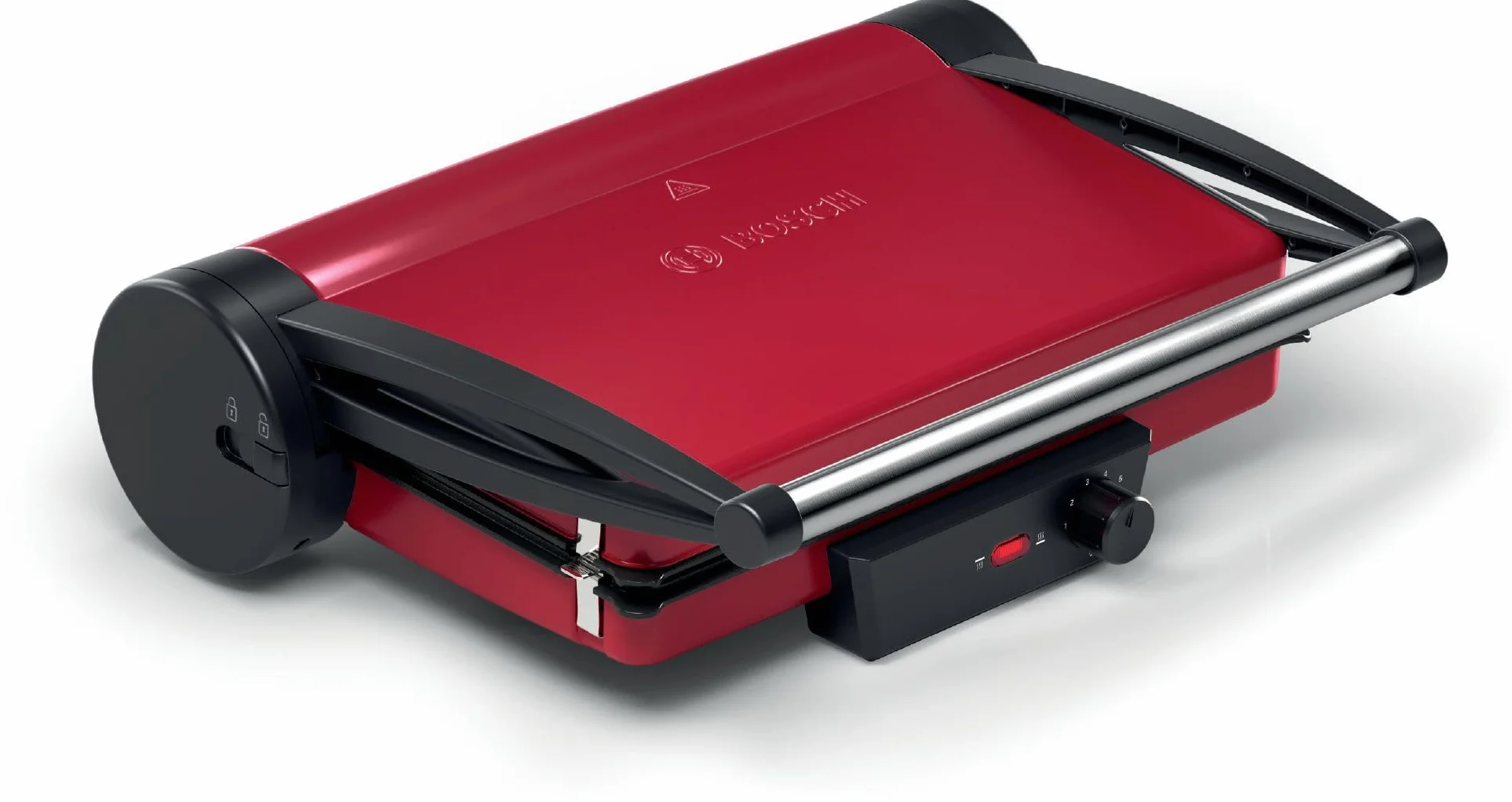 Bosch Bistecchiera TCG4104, 3 Posizioni di Cottura, 5 Livelli di temperatura, 2000W, Piastre Grill in Alluminio Rimovibili e Lavabili in Lavastoviglie, Rivestimento Ceramico Antiaderente, Rosso