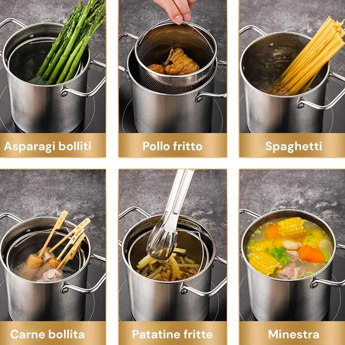 Avilia Asparagera in Acciaio Inox - Pentola per Asparagi e Verdure con Cestello Retato Estraibile, Fondo Triplo per Miglior Distribuzione del Calore, 16 cm