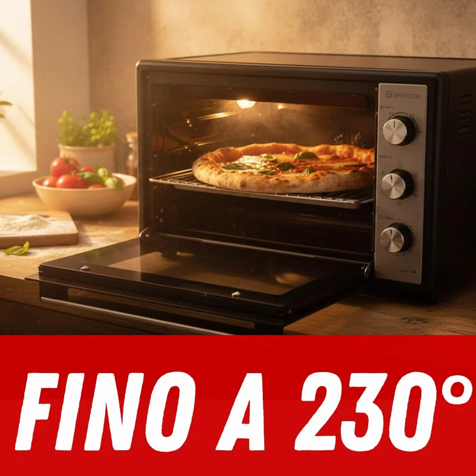 BEHOME Fornetto Elettrico Ventilato 20L da Tavolo, Temperatura fino a 230°, Timer 60 min, Forno Elettrico da tavolo con griglia, teglia e sollevatore griglia inclusi, antiaderente, doppio vetro
