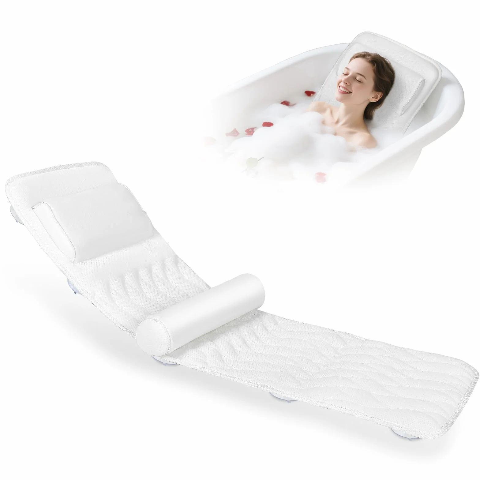 Cuscino Vasca da Bagno per Tutto il Corpo 123×40cm, Cuscino da Bagno con Ventose e Poggiatesta per Persone alte 160-180cm, Supporta Collo, Schiena e Gambe, Tessuto Traspirante in Rete 3D