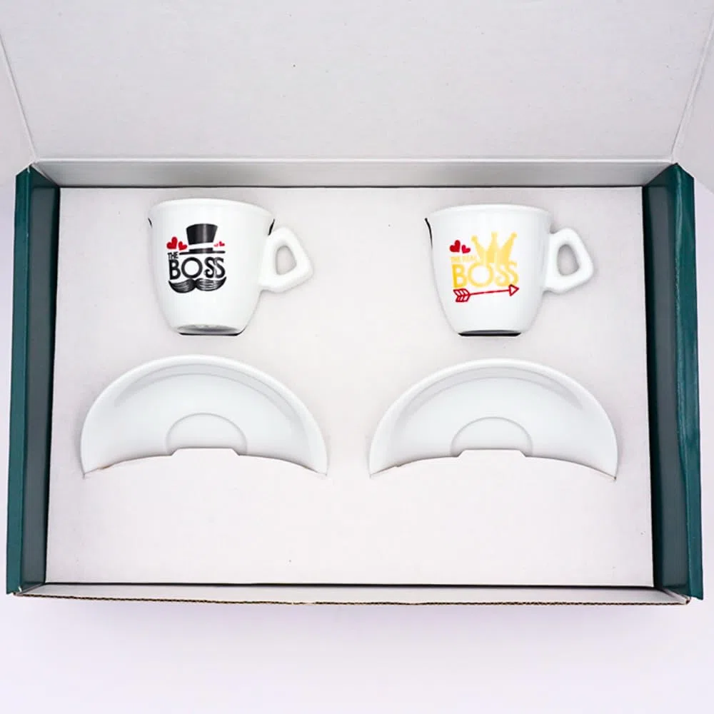 BrandPrint Set 2 Tazzine Caffè con Piattino - Serigrafia Artigianale THE BOSS, THE REAL BOSS in Box Elegante - 100% Made in Italy - Regalo Coppia San Valentino, Anniversario, Casa Nuova, Matrimonio