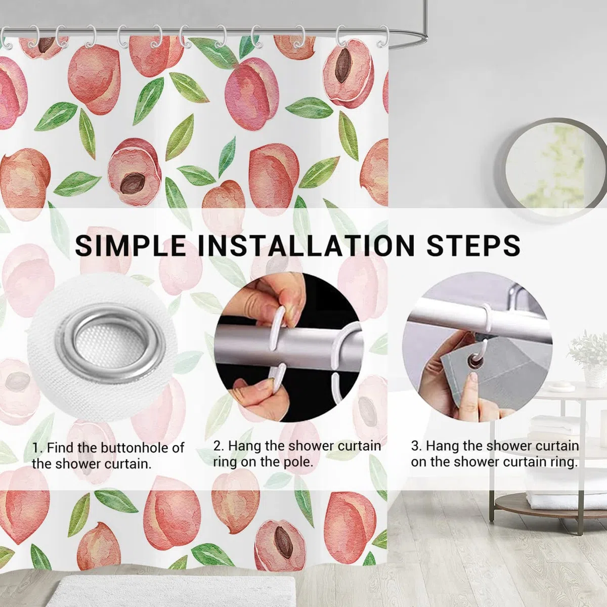 Tenda da doccia Rosa Pesca 180x200, Allover Frutti Verde Foglie Tende da doccia Acquerello Luminoso Colorato Estetica Tenda da bagno Impermeabile Poliestere Tessuto Lavabile Tenda da bagno
