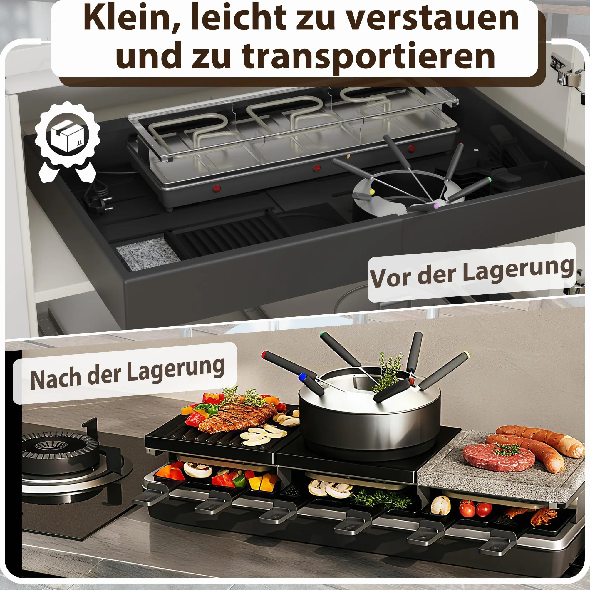 UISEBRT Raclette Grill per 12 persone, macchina da raclette 3 in 1 con padella, set per fonduta, pietra calda, 12 padelle e 12 spatole per legno, piastra per raclette antiaderente, 1650 W