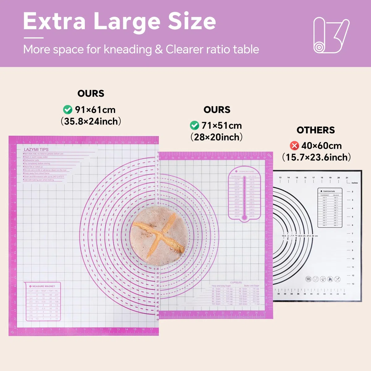 Tappetino da forno extra large in silicone, antiaderente, misura 91 x 61 cm, tappetino antiscivolo in silicone per impastare, tovaglietta, tovaglietta, glassa fondente, torte, pizza (viola)