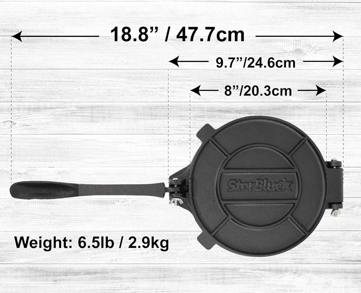 StarBlue - Stampo Per Tortilla In Ghisa Da 20,3 Cm Con 100 Pezzi Di Carta Oleata Ed Ebook Di Ricette In Omaggio, Con Strumento Per Realizzare Chapati In Stile Indiano, Tortillas, Roti