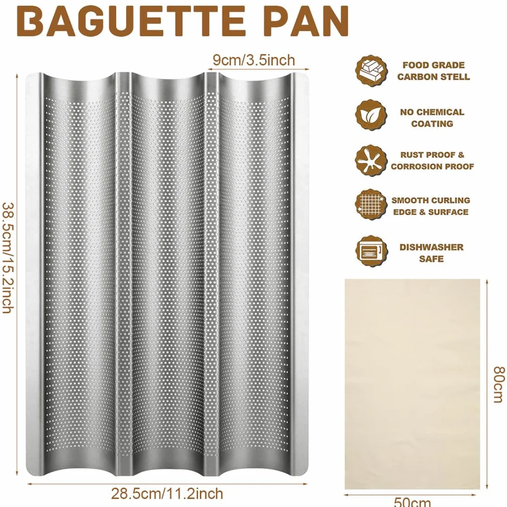 Teglia da forno per baguette, teglia da forno per 3 baguette, teglia per baguette, teglia da forno per baguette, 38,5 x 28,5 cm
