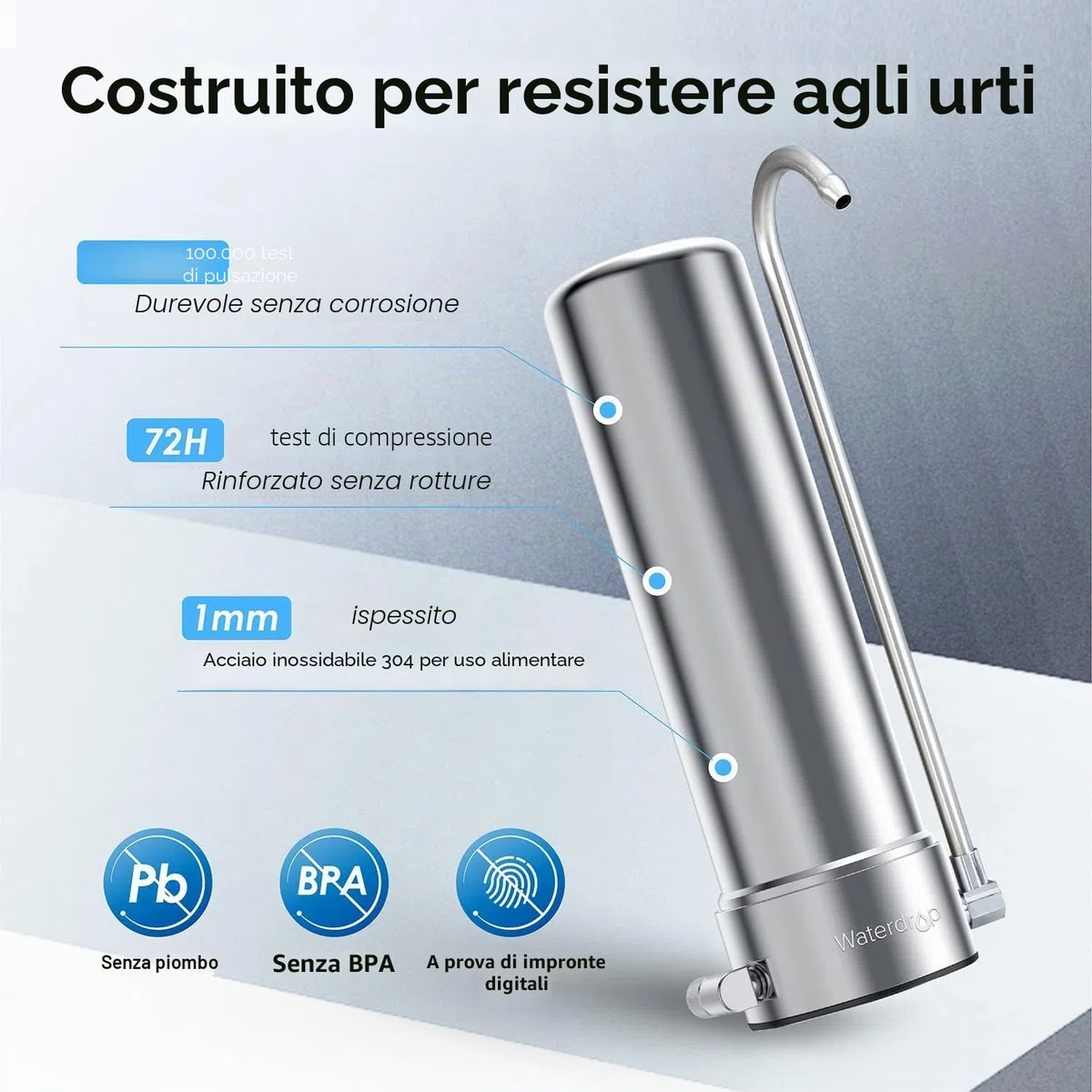 Waterdrop Sistema di filtrazione da banco WD-CTF-01, acciaio inossidabile 304 per uso alimentare, filtro dell'acqua del rubinetto a 6 stadi, lunga durata, riduce il 99% di cloro, metalli pesanti
