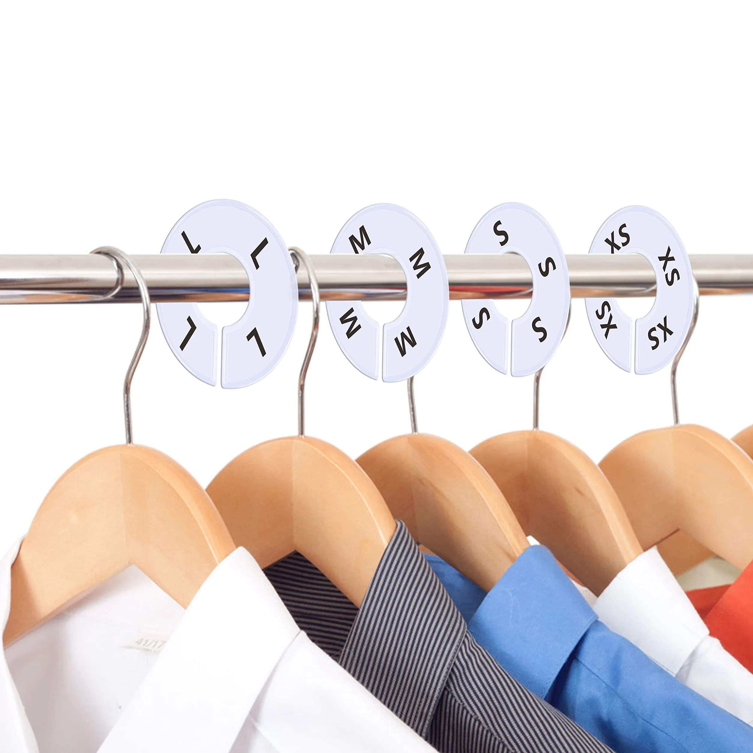 40 pezzi divisori rotondi in plastica bianca per armadio, prestampati in 8 taglie XXS, XS, S, M, L, XL, XXL, XXXL (esterno 9 cm, diametro interno 3,5 cm)