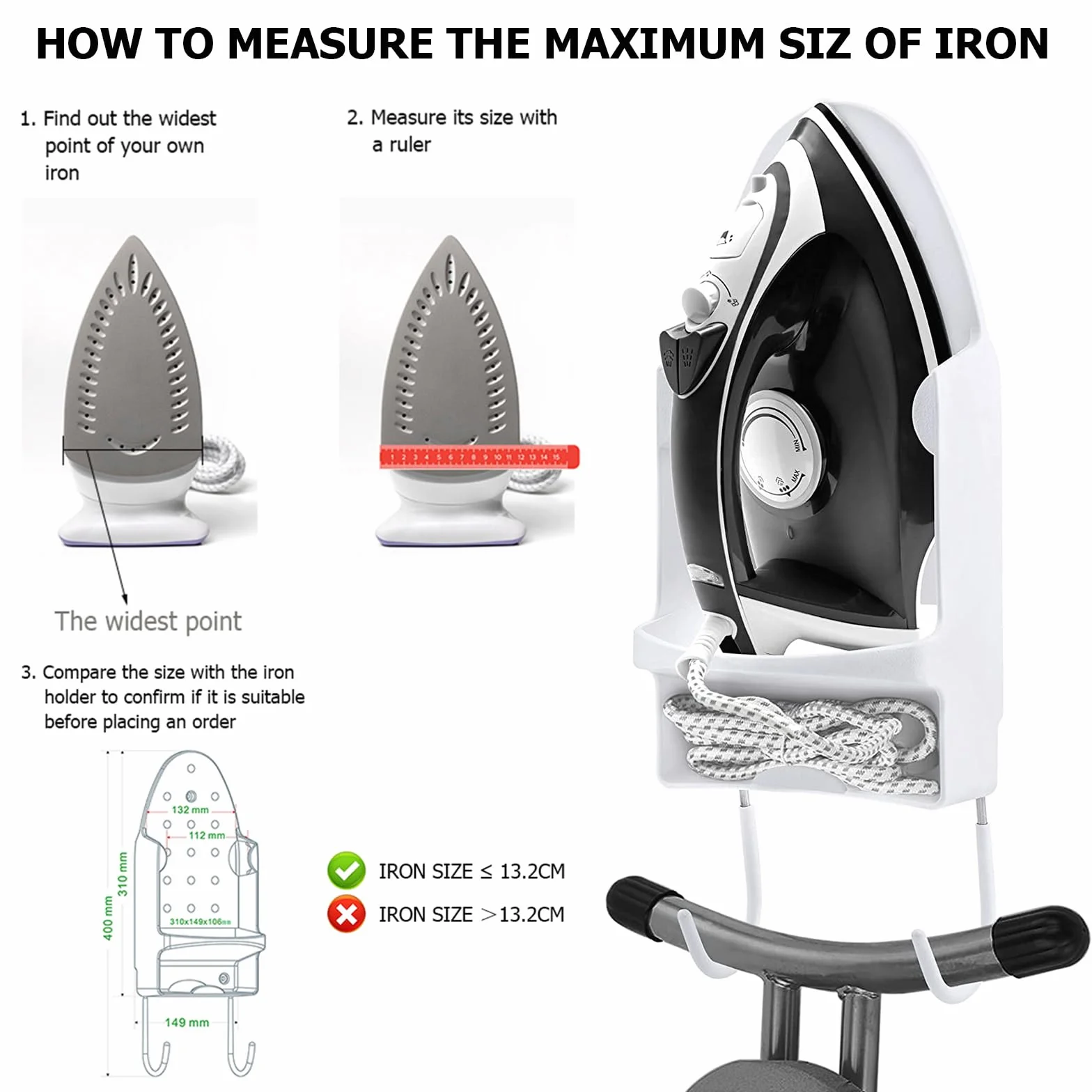 Supporto per asse da stiro e ferro da stiro elettrico, da appendere alla porta o alla parete, ideale per lavanderia (bianco)
