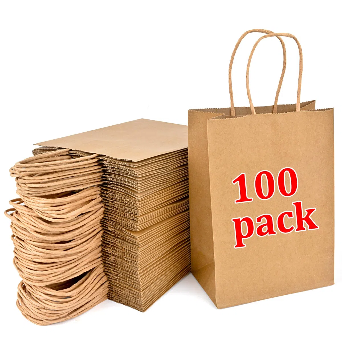 YFZYT 100 sacchetti di carta marrone con manici (21,1 x 7,6 x 15,2 cm), piccoli sacchetti regalo per feste per bambini, matrimoni, compleanni (15 x 8 x 21 cm)