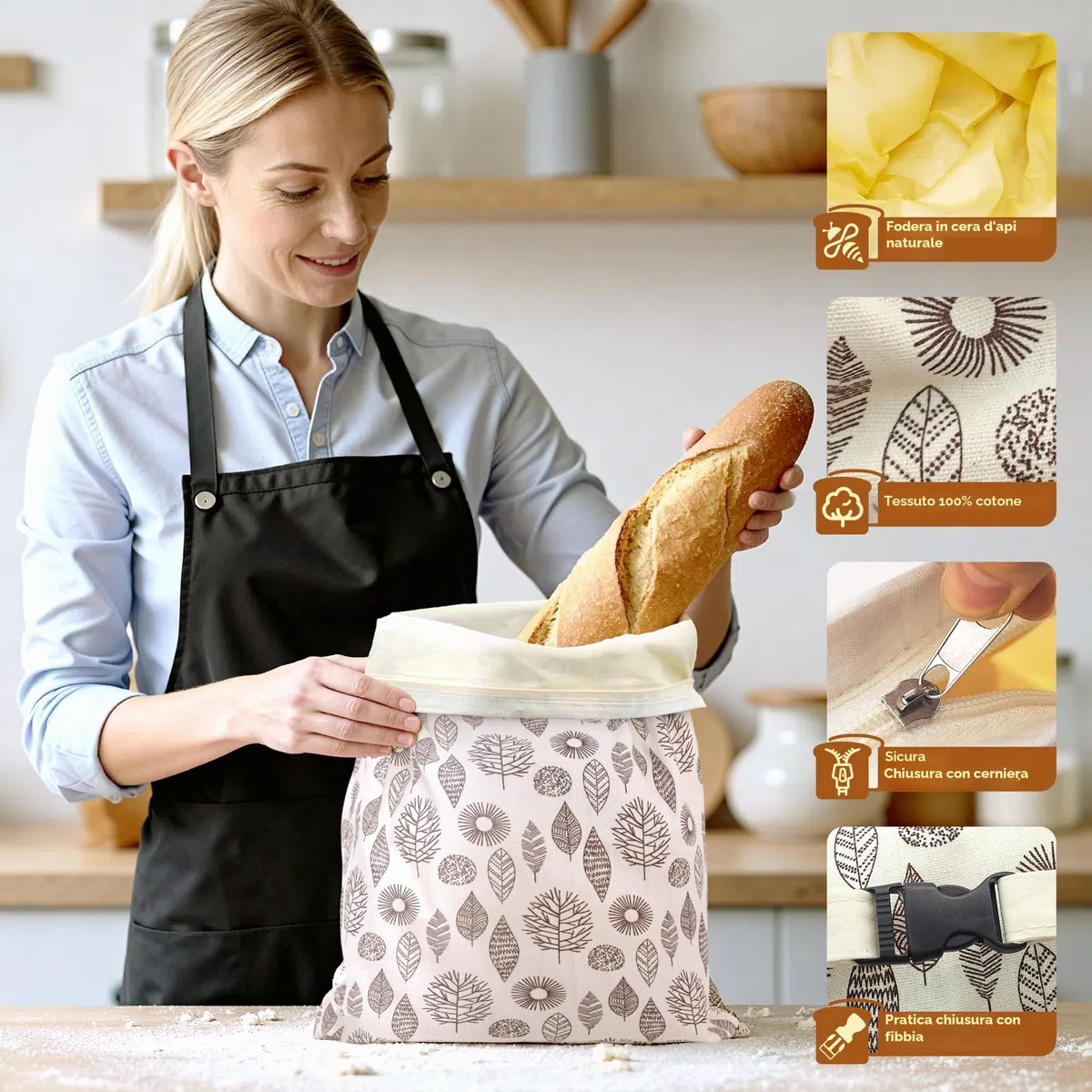 OHIYO Sacchetti riutilizzabili in cera d'api per congelatore e frigorifero, sacchetti di cotone rivestiti in cera d'api naturale per conservare gli alimenti freschi e fragranti (confezione da 2)