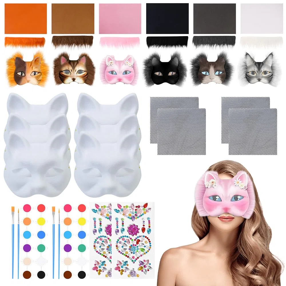 Maschera Gatto, 6 Pezzi Therian Mask, Maschere Dipinte a Mano, Maschera da Gatto Bianca, Mascherina di Carta Bianca di DIY per DIY Cosplay Feste Maschera Carnevale Halloween