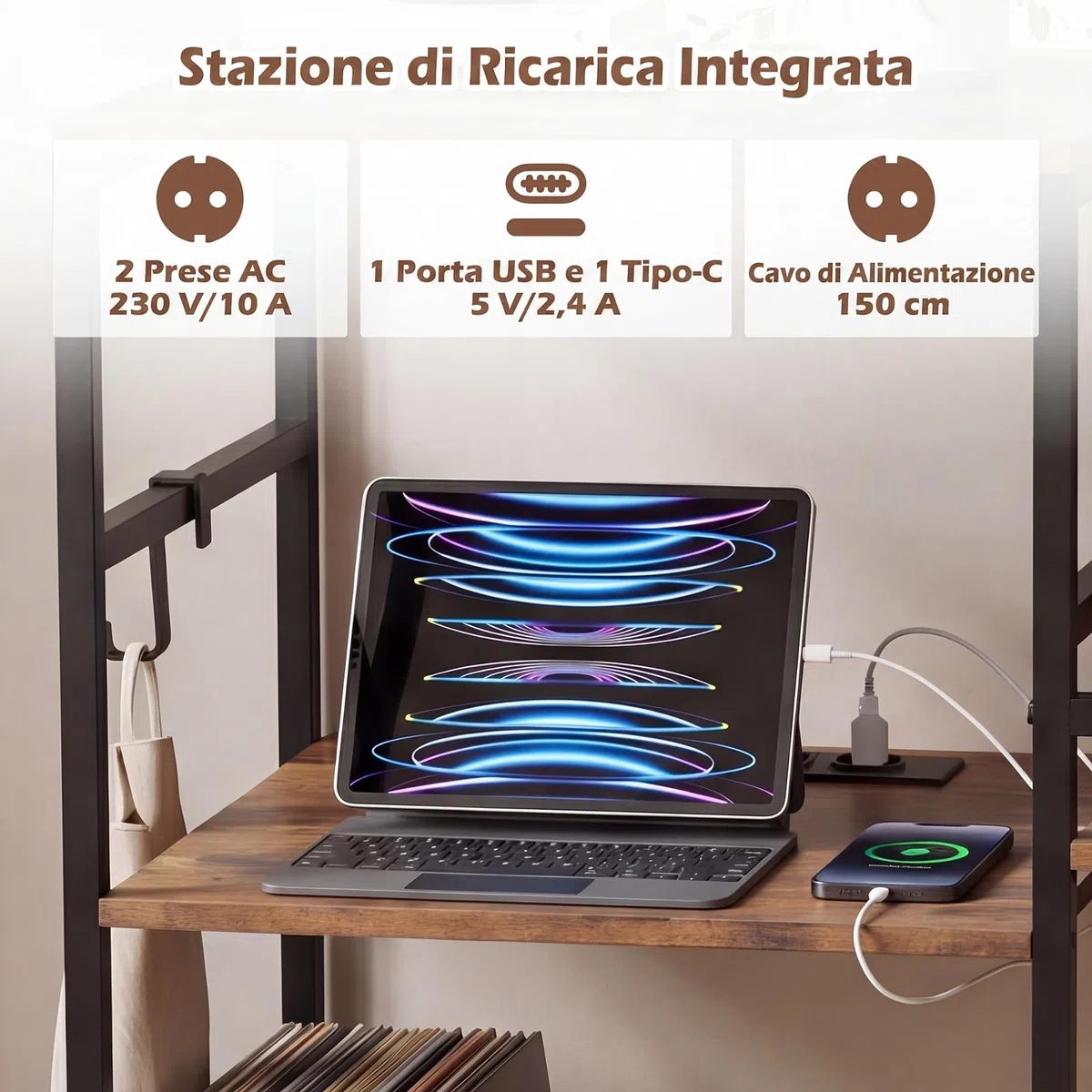 COSTWAY Mobile per Giradischi, Supporto per Vinile con Stazione di Ricarica, Mobile Porta Giradischi con 3 Ripiani, Scomparto, Ripiano Porta Vinili e 3 Ganci per Soggiorno e Studio, 78 x 30 x 78 cm