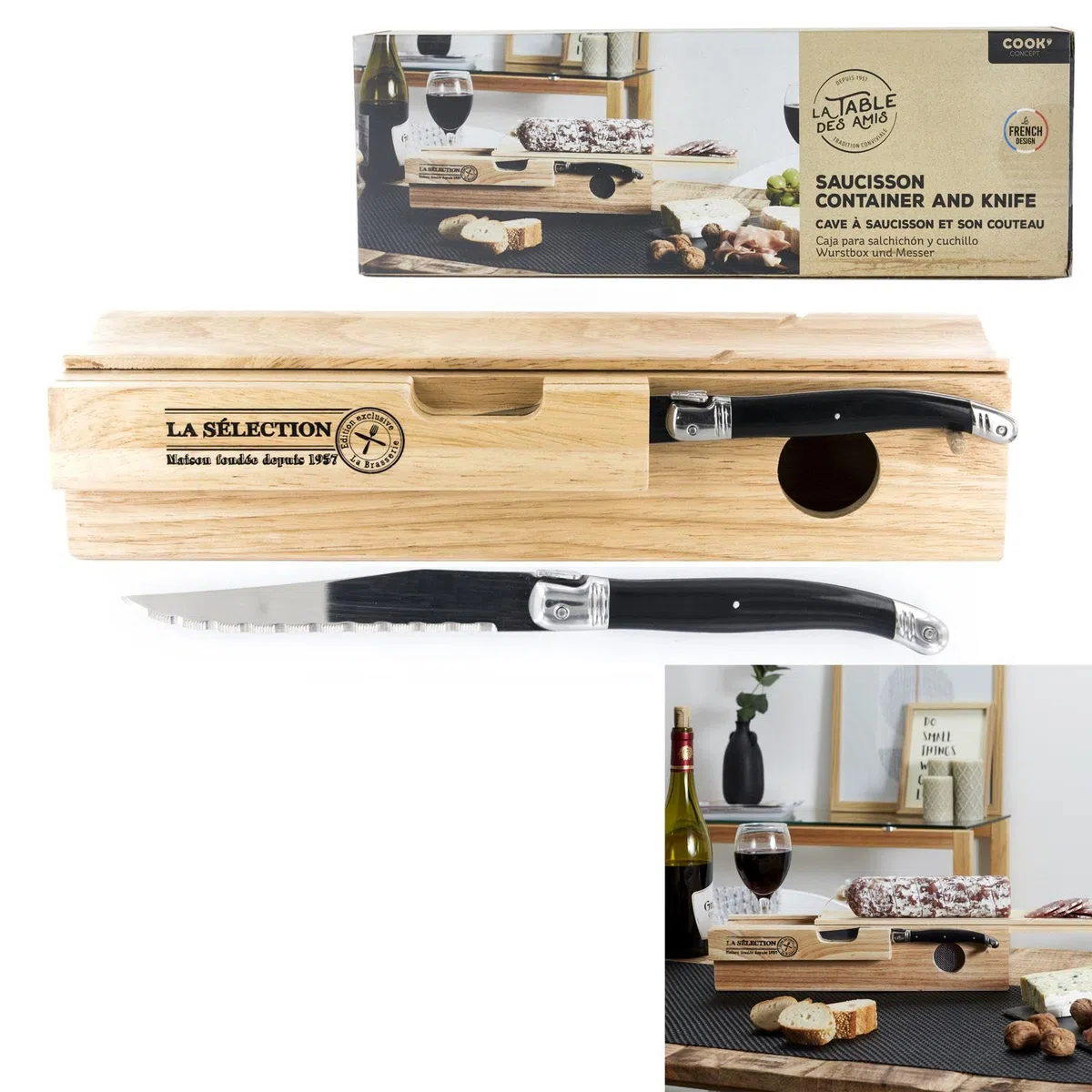 COOK CONCEPT Scatola per Salsicce Laguiole con Coltello, Beige
