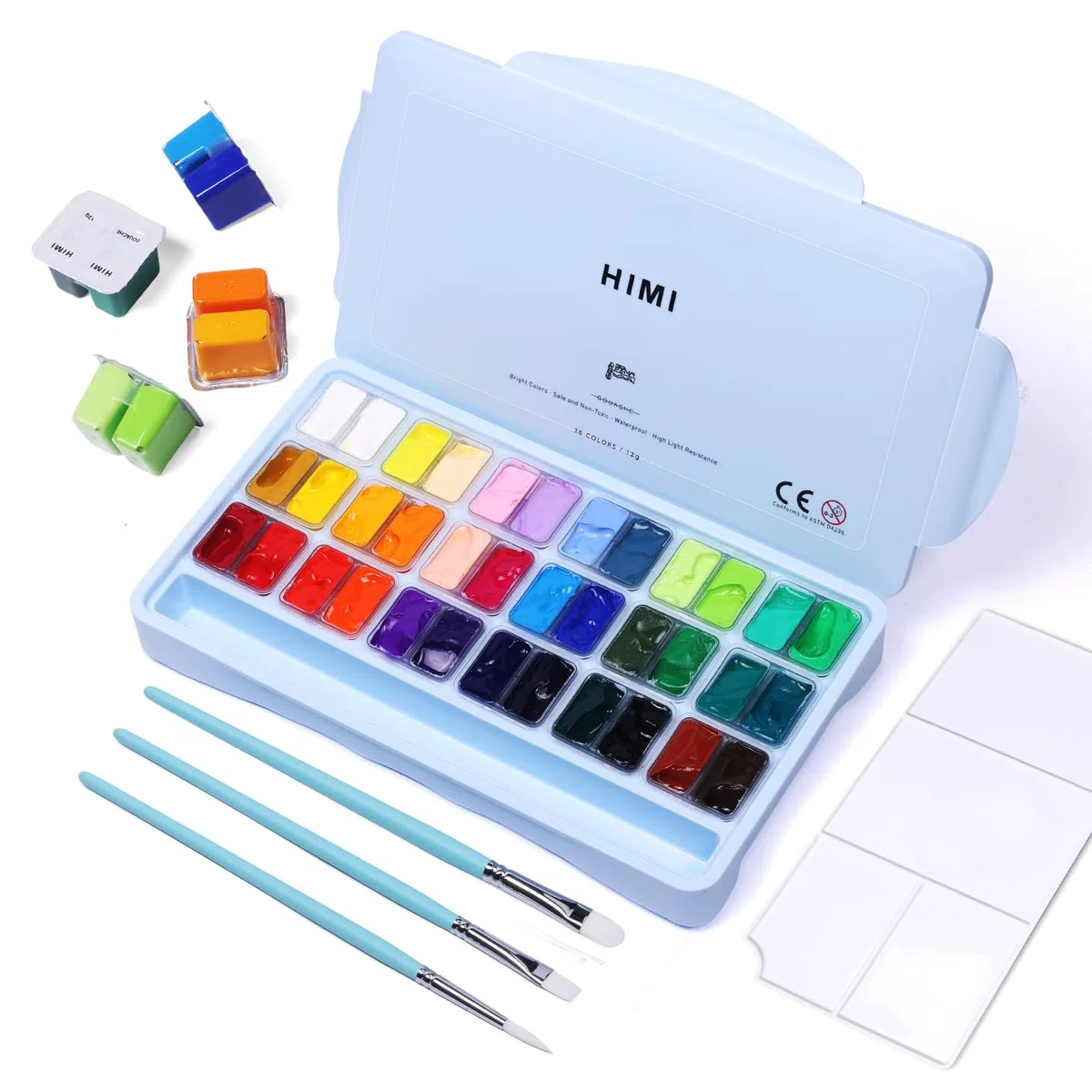 ARTFLY HIMI - Set di pittura gouache, 36 colori x 12 ml, design a doppio contenitore di gelatina con 3 pennelli da pittura e una spatola in una custodia da trasporto, perfetto per artisti, studenti,