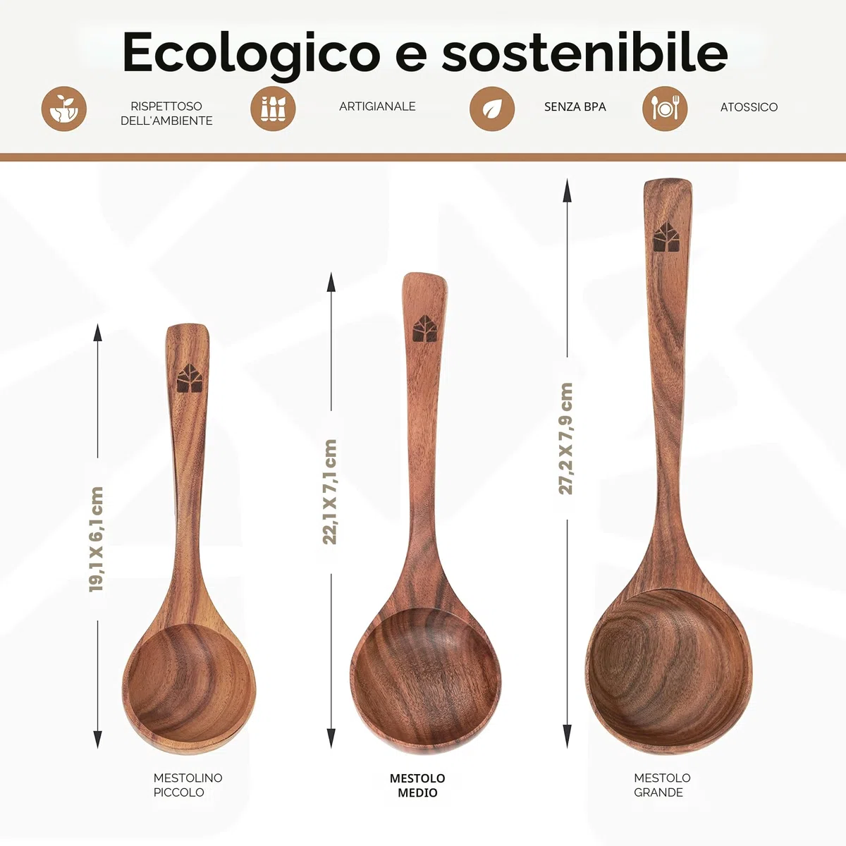 Set Mestoli Cucina Legno, Mestolo Zuppa, Antigraffio, Fatti a Mano con Ganci, Mescolare e Servire Alimenti, Minestre e Zuppe, 3 pezzi
