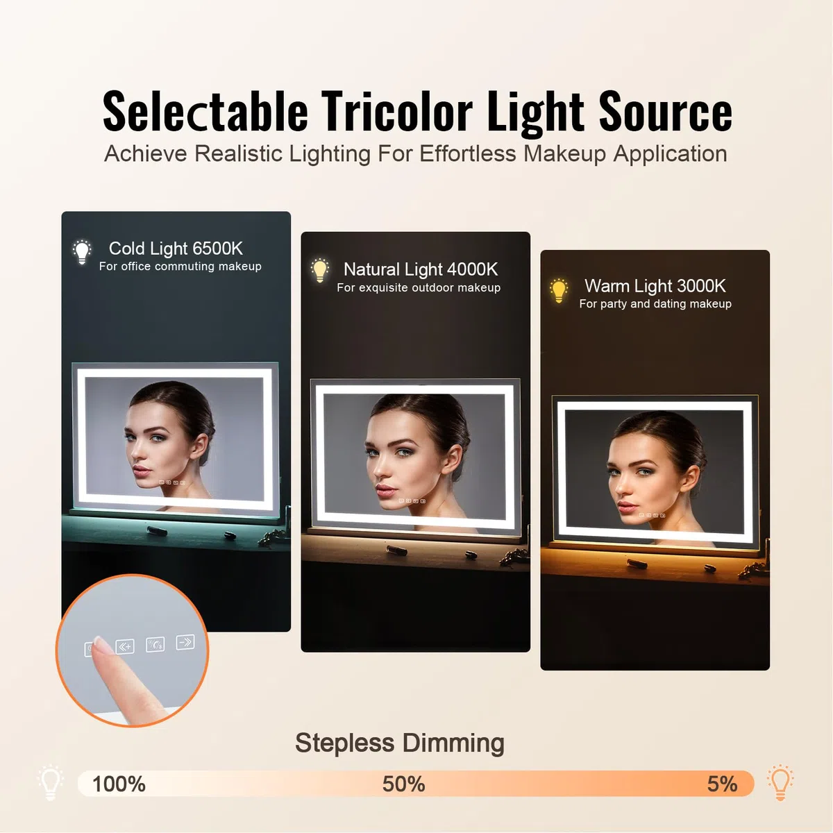 VEVOR Specchio per Trucco Illuminato con Lampadine LED da Banco Specchio per Trucco 3 Modalità di Illuminazione a Colori con Specchio Ingranditore 5X Bluetooth Controllo a Tocco 797x547mm, Bianco