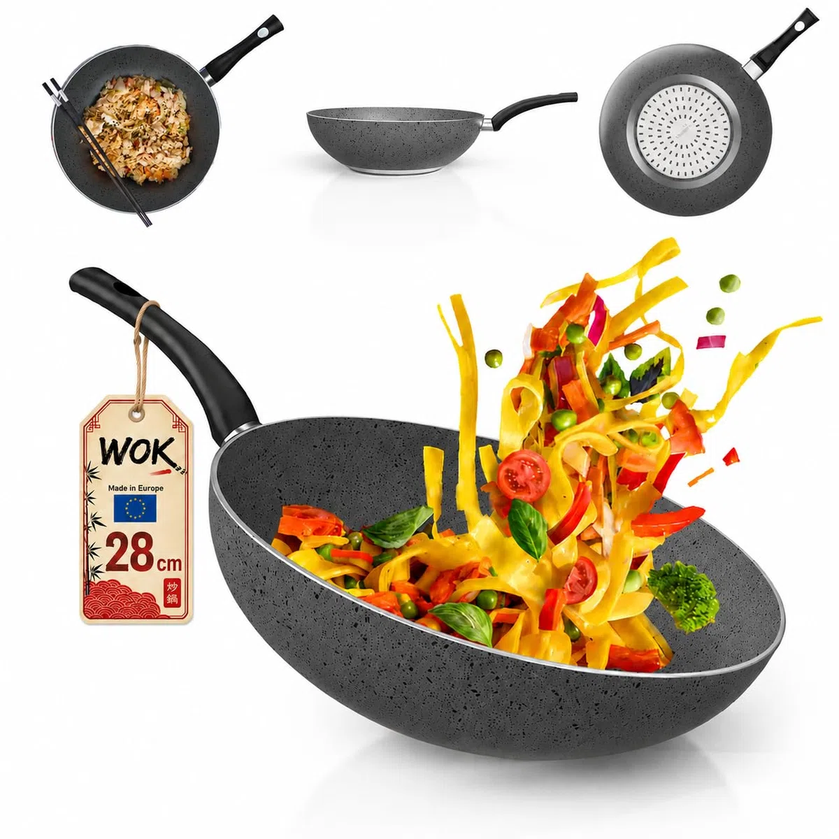 TEHORNEO Wok, Pentola Wok Induzione 28 cm Alluminio Antiaderente, Padella Wok, Pentola Wok, Wock Padella, Wook, Saltapasta Antiaderente, Wok Professionale, Padelle Wok, Woke, Wok Grande, 28 cm
