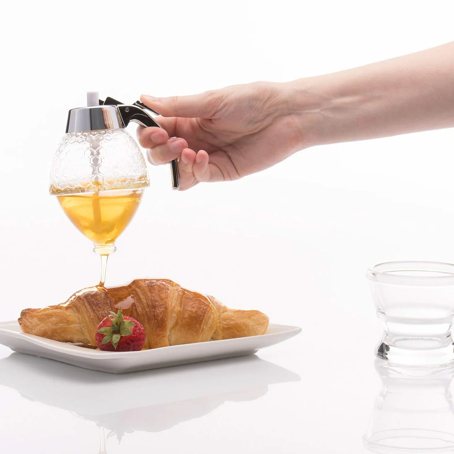 Westmark Contenitore per miele/Dispenser con supporto, Capacità: 200 ml, Vetro/Plastica, Deluxe, Trasparente/Argento, 65132260