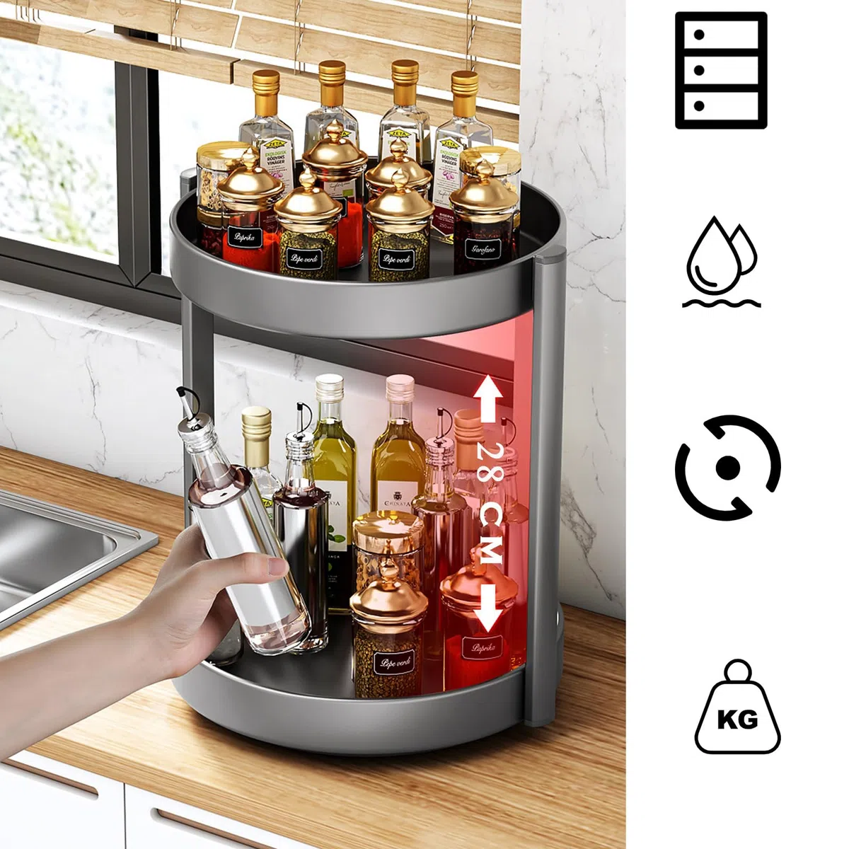 Porta Spezie per Cucina Organizer Girevole in Metallo Piatto Girevole Portaspezie 2 Livelli Organizer Sottolavello Deposito per il Bagno (Nero, 2Tiers)