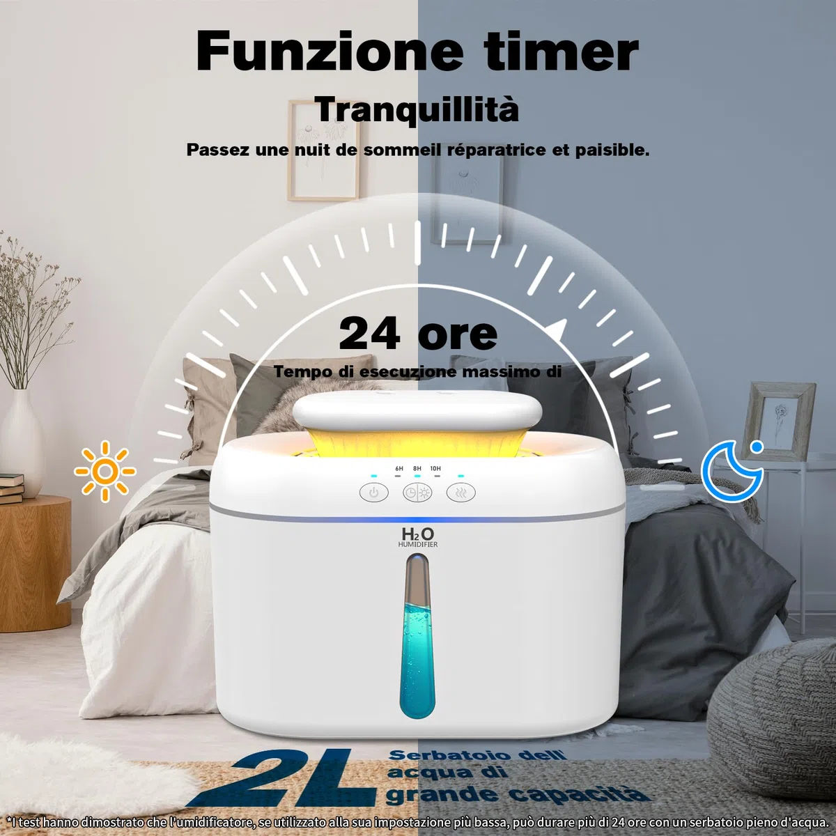 Umidificatore Ambiente Bambini, 2L Umidificatore Camera da Letto, 20 dB Silenziosi Umidificatore per Camerette, Piante e Uffici, con Timer di Spegnimento Automatico e Funzione Luce Notturna (Bianco)