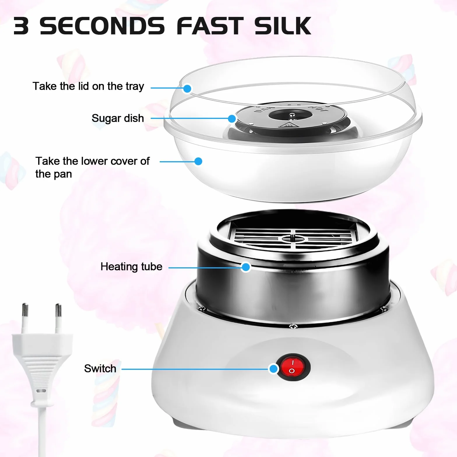 Macchina per zucchero filato, Retro Cotton Candy Machine 450 W, Macchina per zucchero filato, Macchina per zucchero filato per la casa con misurino, bastoncini per caramelle, dieci bastoncini (bianco)