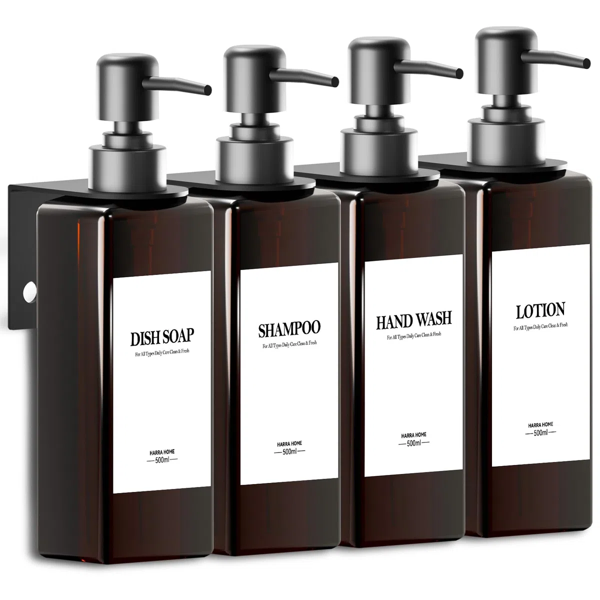 4 Pezzi Dispenser Sapone Doccia da Muro, Dispenser Sapone Bagno Senza Foratura 500ml Marrone Dispenser Doccia Shampoo e Bagnoschiuma con Imbuto ed Etichette Tridimensionaliper Bagno, Cucina