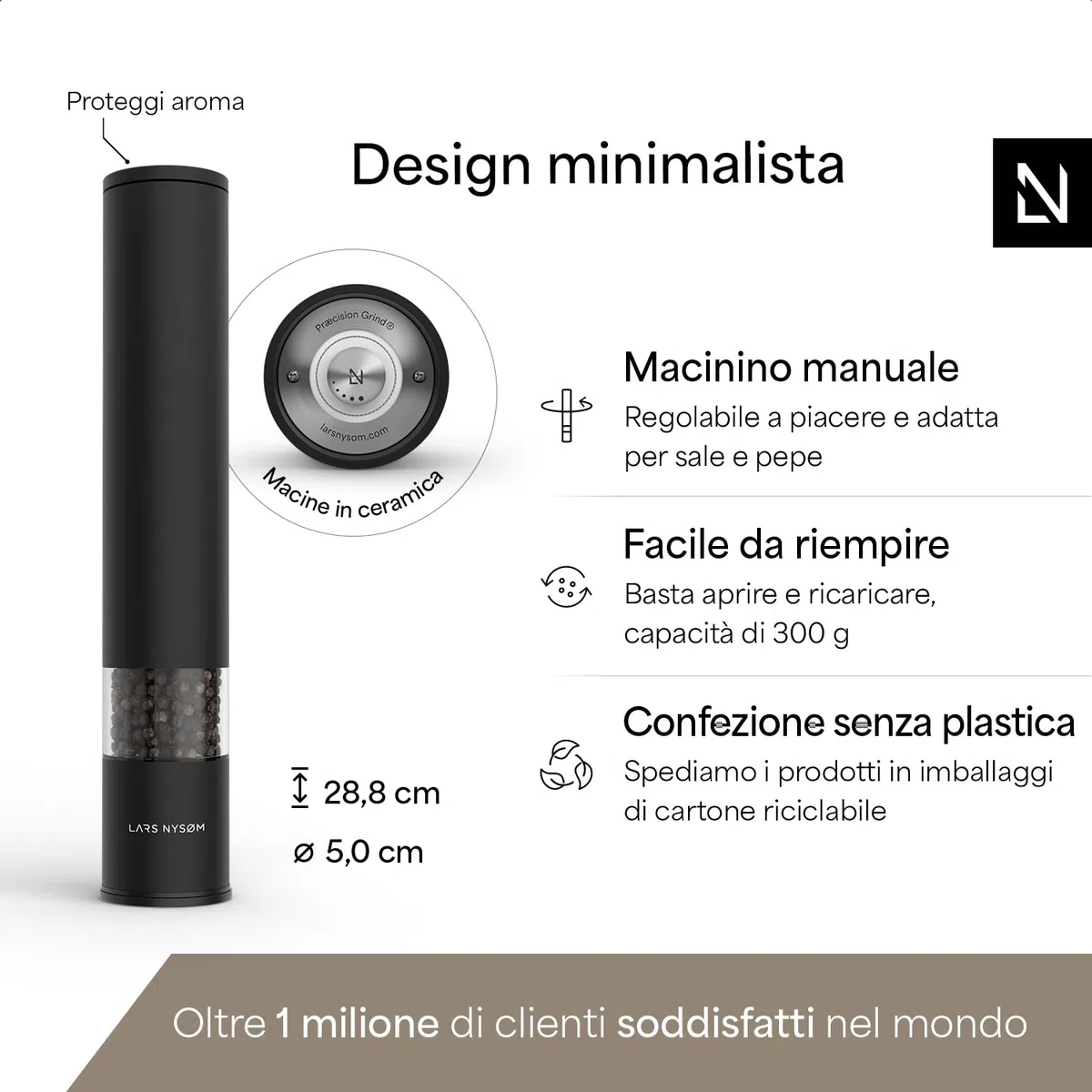 LARS NYSØM Macina sale e pepe manuale grande (28,8 cm) con macina in ceramica regolabile da grossolana a fine I Design per triturare spezie (Carbon Black)