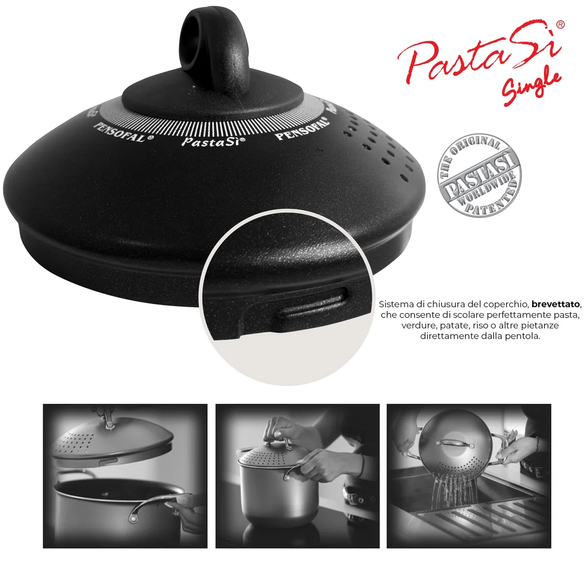Pensofal Pentola PastaSì Single BioStone con coperchio colapasta 2 manici rivestimento effetto Pietra in alluminio antiaderente da induzione diametro 18 cm 3 litri